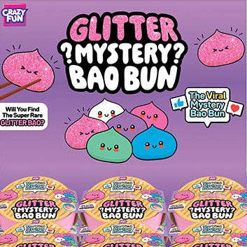 Display box of Glitter Mystery Bao Bun toys with colorful packaging on a white background.