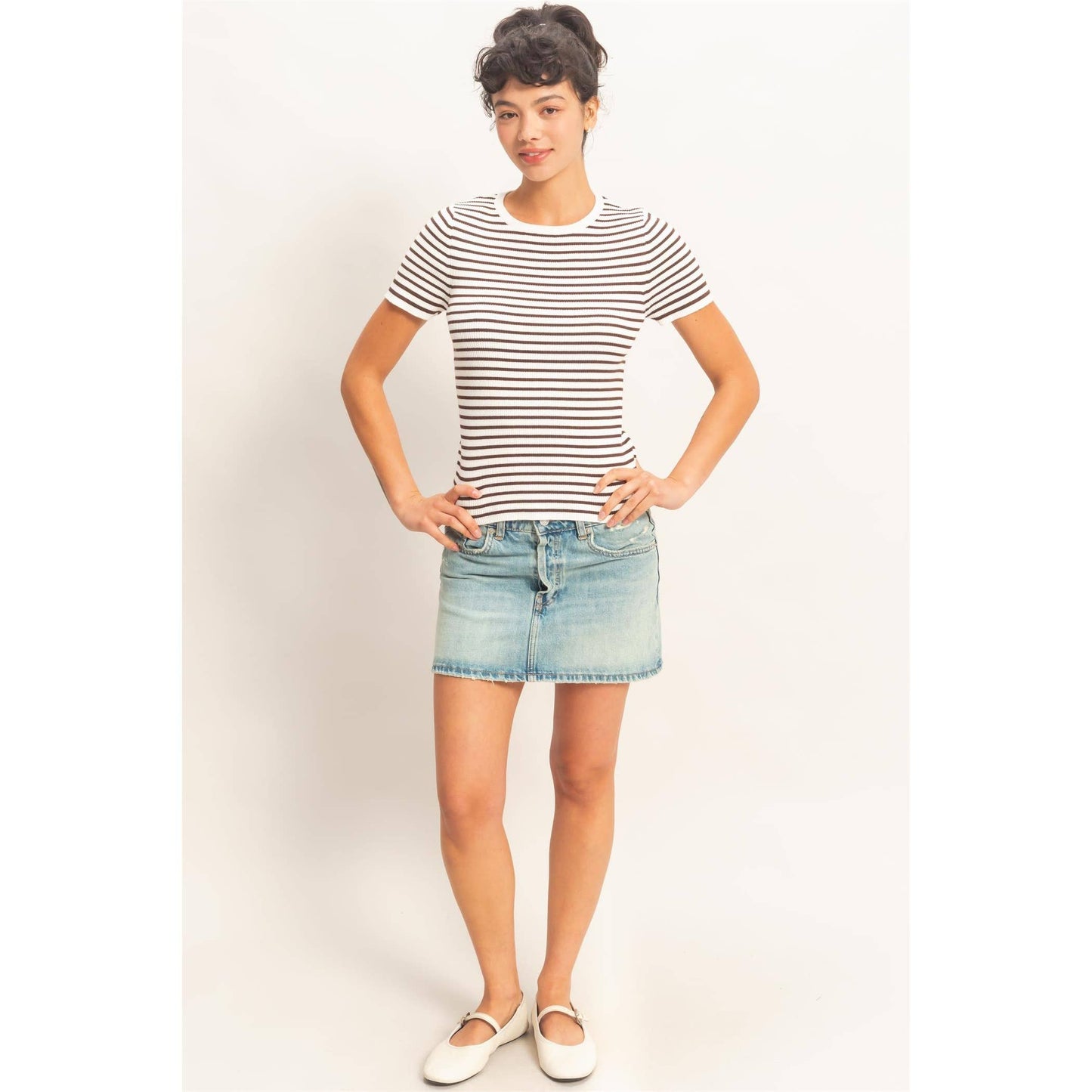 Striped Ribbed Crew Neck Knit Top