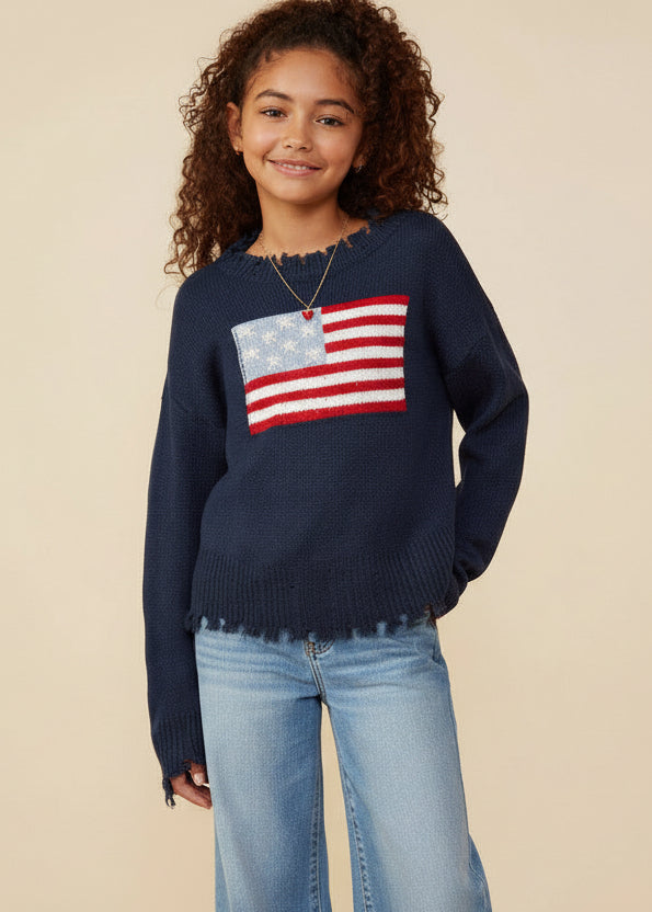 Girls Distressed Old Glory Graphic Sweater