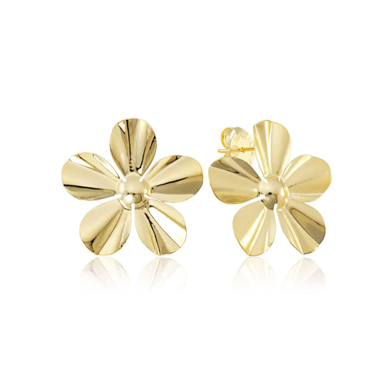 Gold flower-shaped earrings on a white background