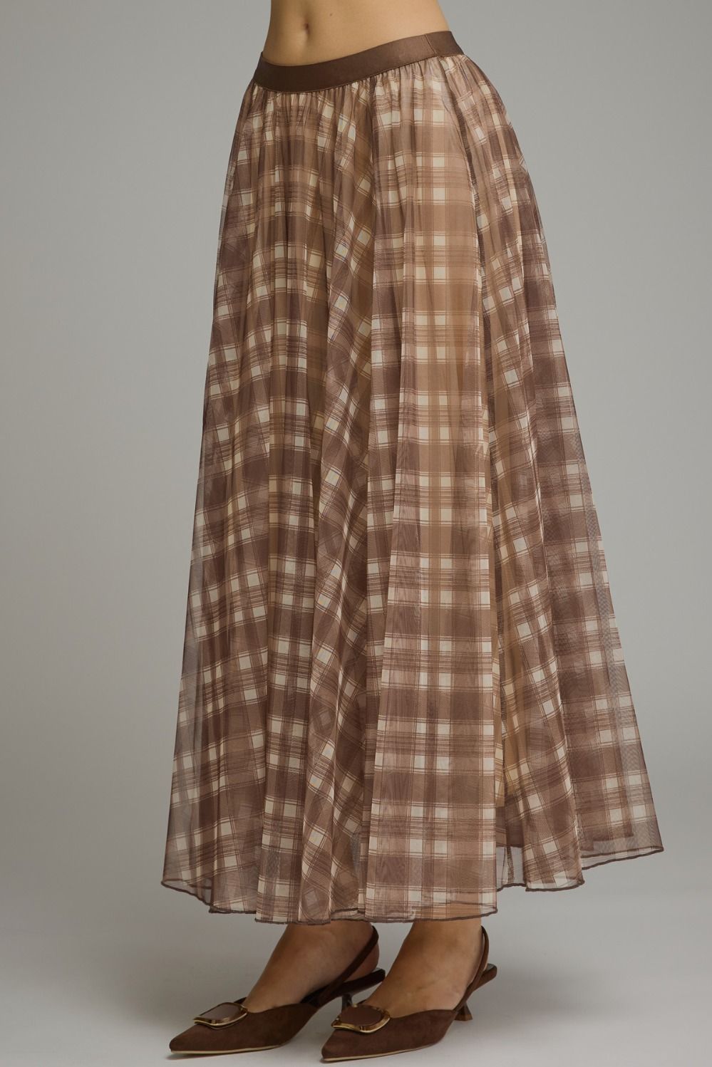 Plaid Mesh Midi Skirt