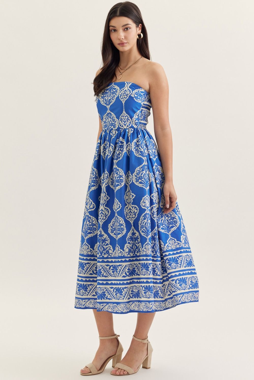 Royal Print Strapless Midi Dress