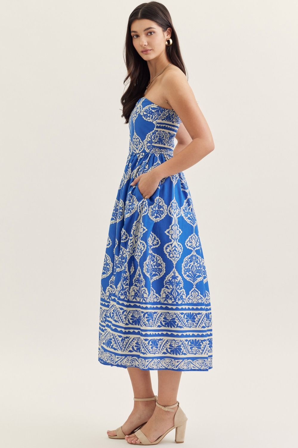 Royal Print Strapless Midi Dress