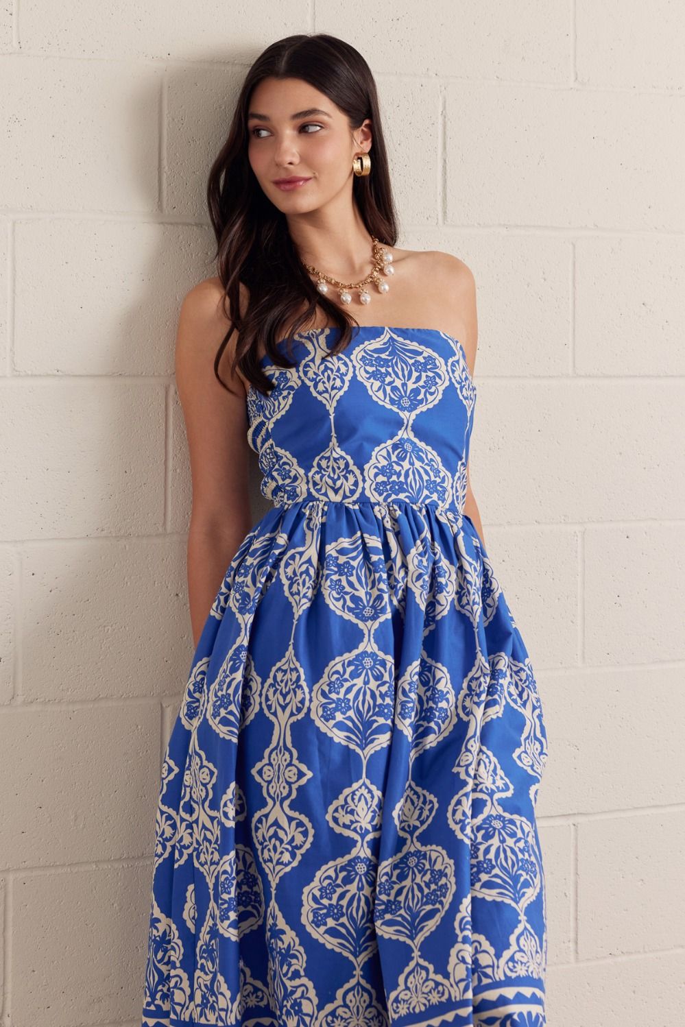 Royal Print Strapless Midi Dress