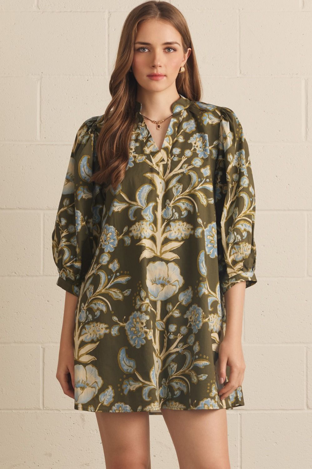 Olive Floral Print Mini Dress