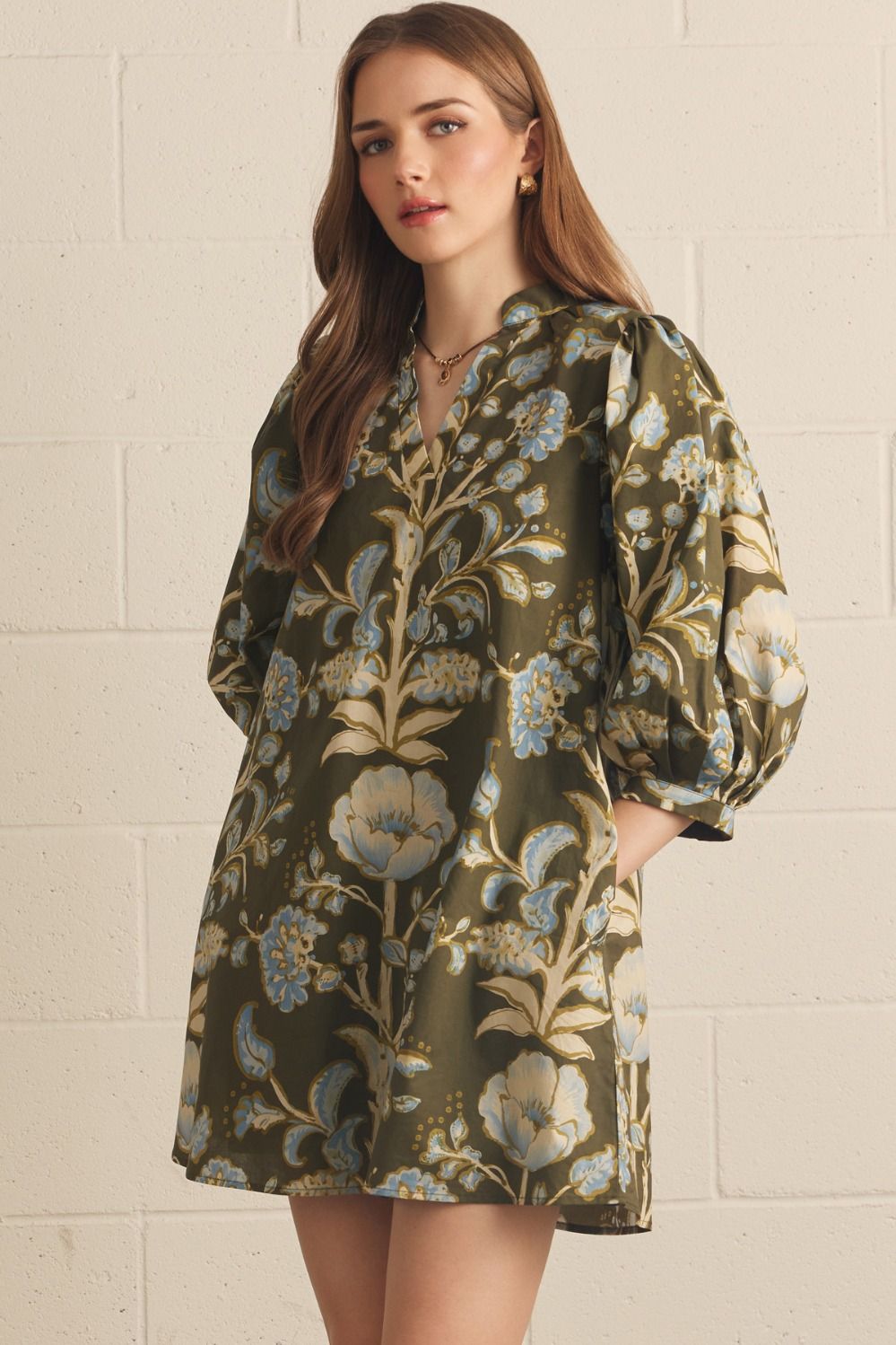 Olive Floral Print Mini Dress