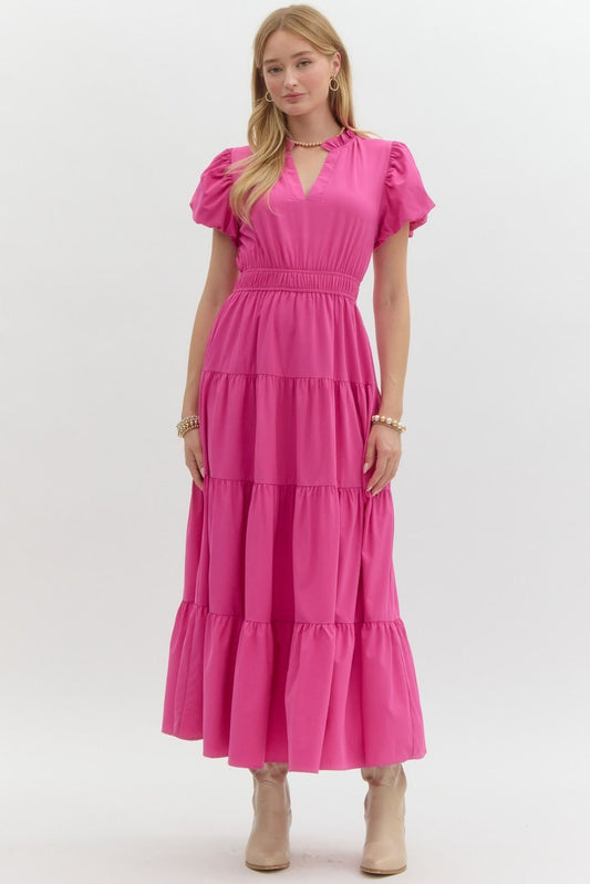 Split V-neck Smocked Waist Midi Dress