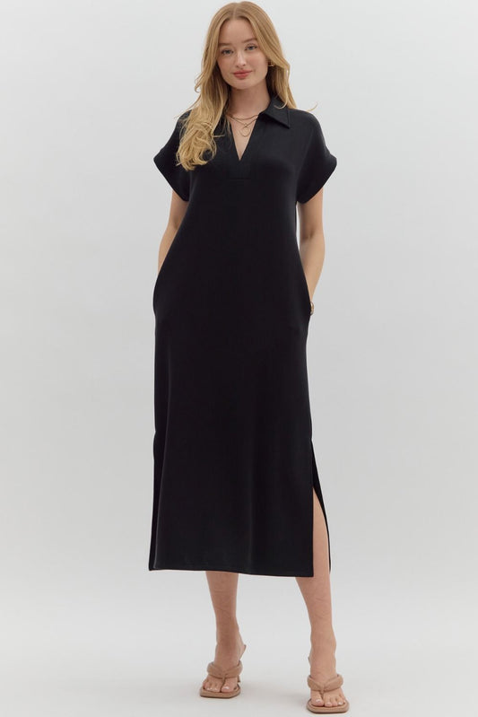 Knit Split Collar Midi Pullover Dress