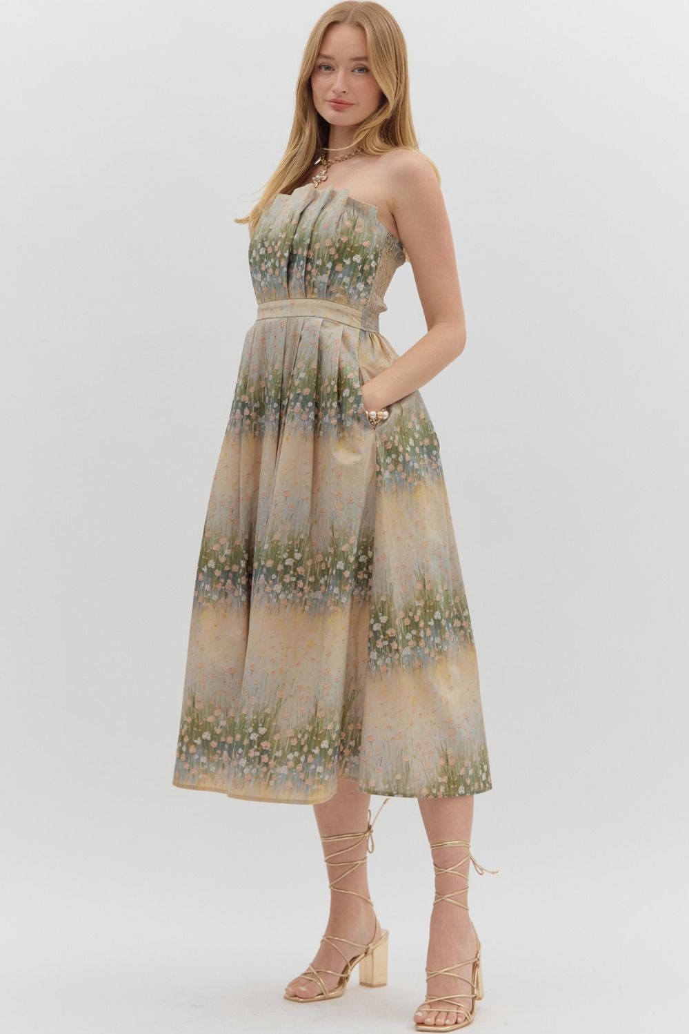 Floral Print Strapless Midi Dress
