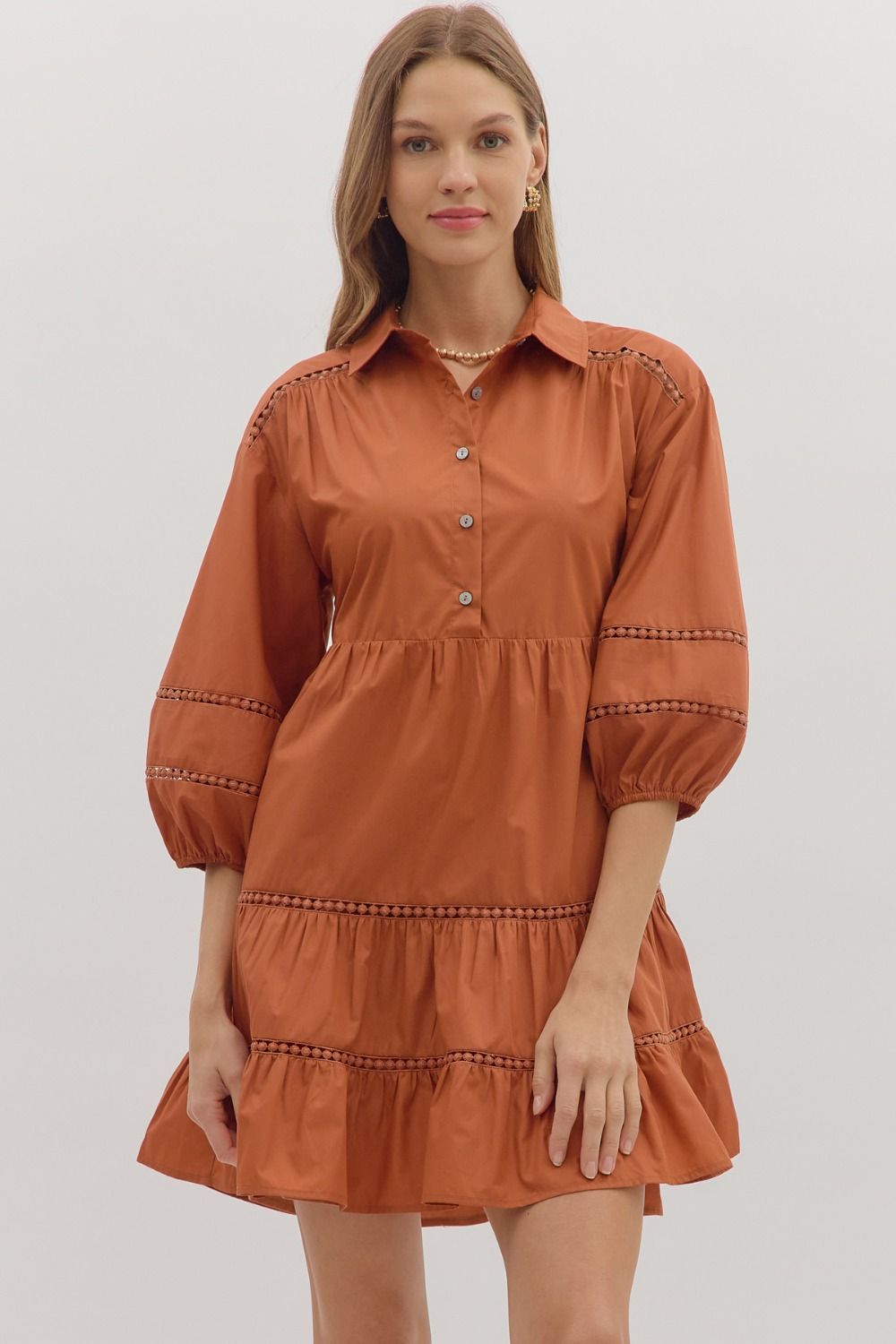 Lace Inset Collared 3/4 Sleeve Mini Dress