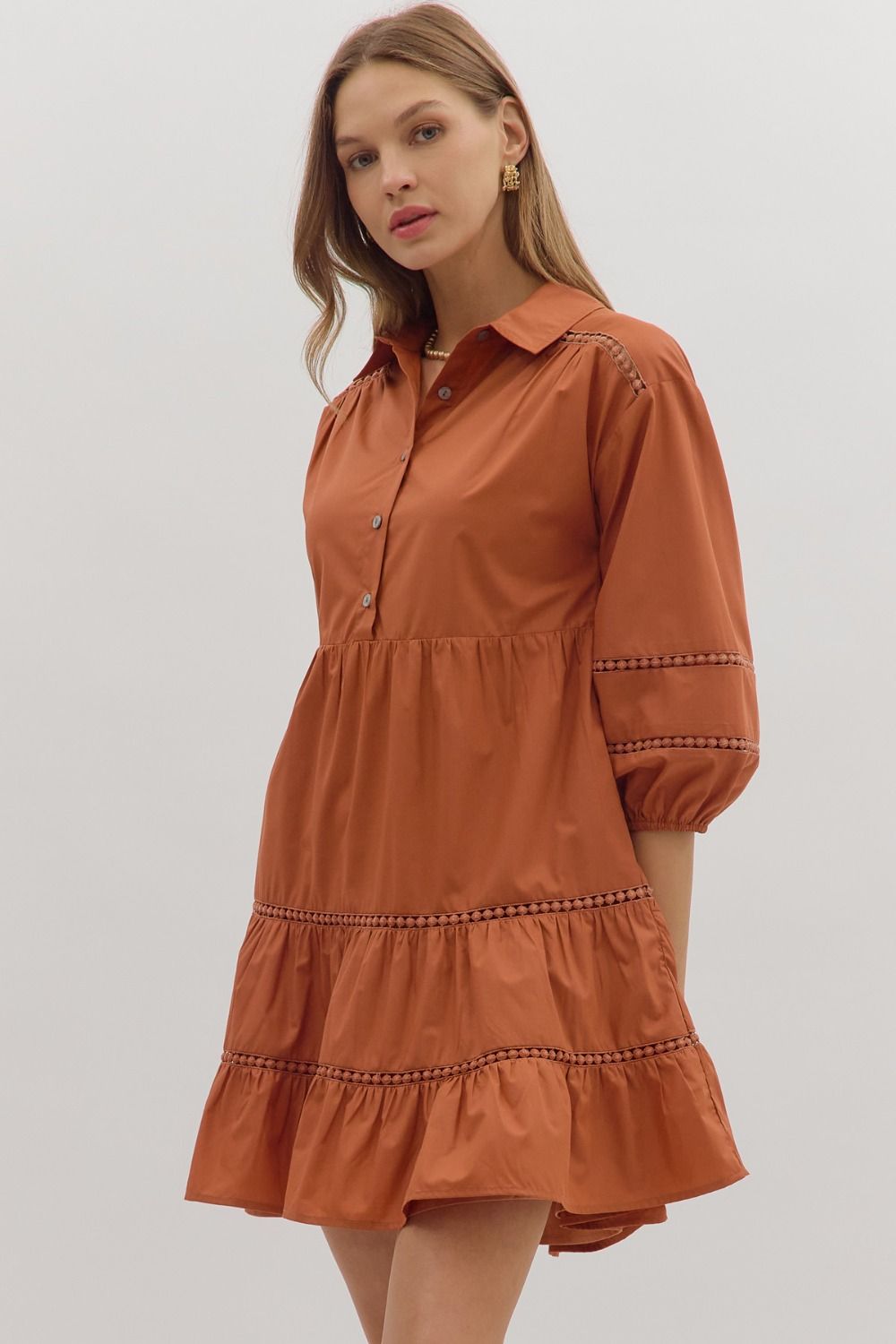Lace Inset Collared 3/4 Sleeve Mini Dress