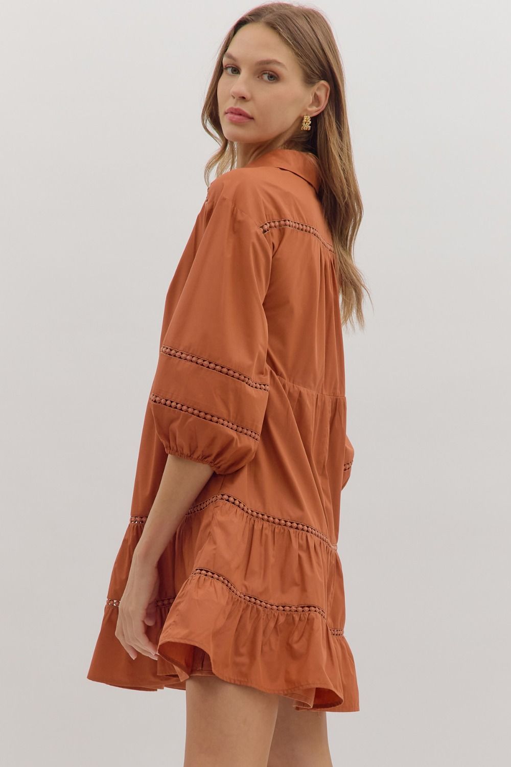 Lace Inset Collared 3/4 Sleeve Mini Dress