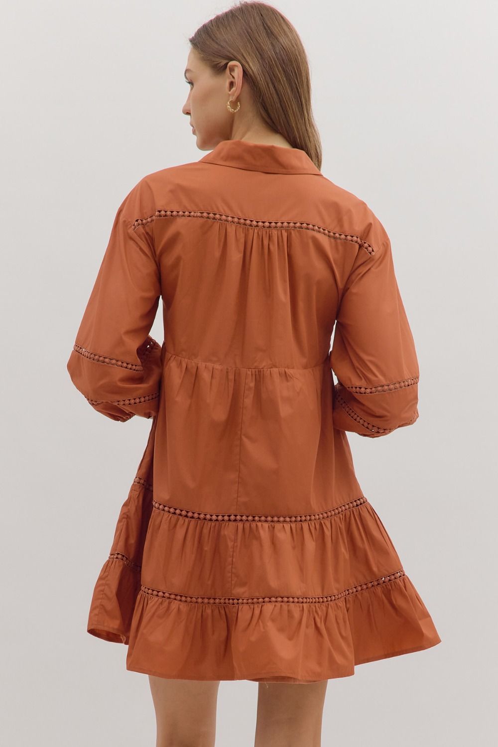 Lace Inset Collared 3/4 Sleeve Mini Dress