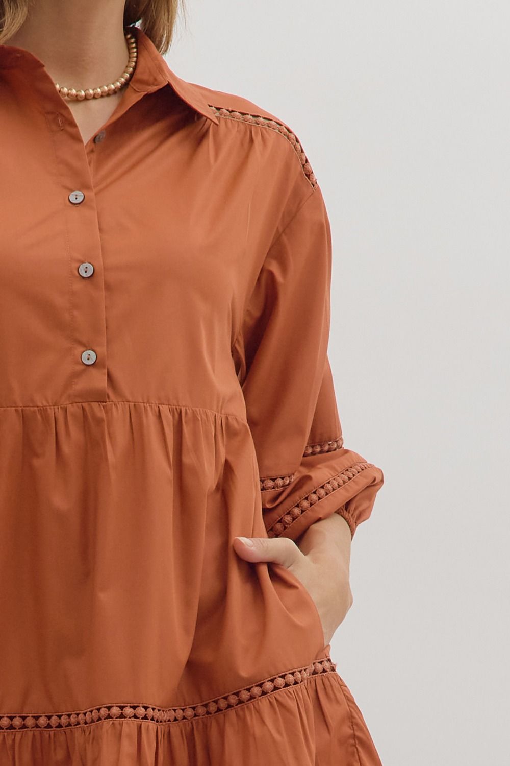 Lace Inset Collared 3/4 Sleeve Mini Dress