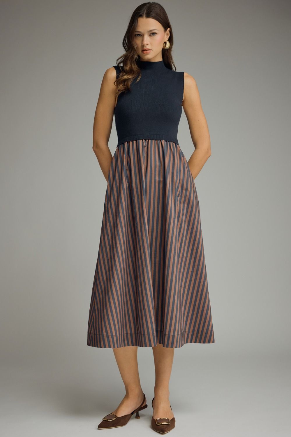 Mock Neck Stripe Bottom Midi Dress