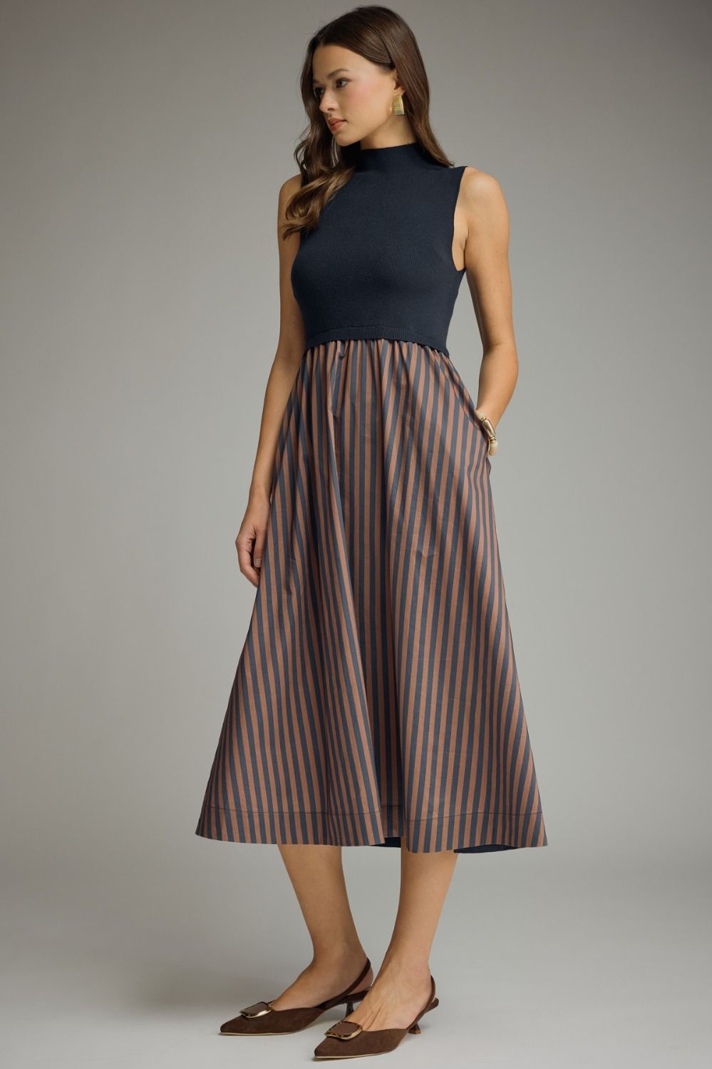 Mock Neck Stripe Bottom Midi Dress
