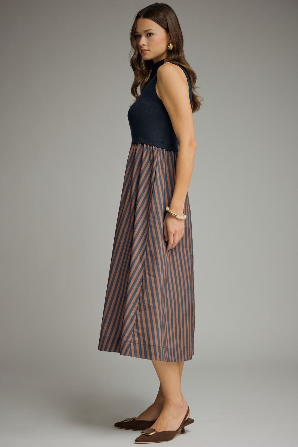 Mock Neck Stripe Bottom Midi Dress