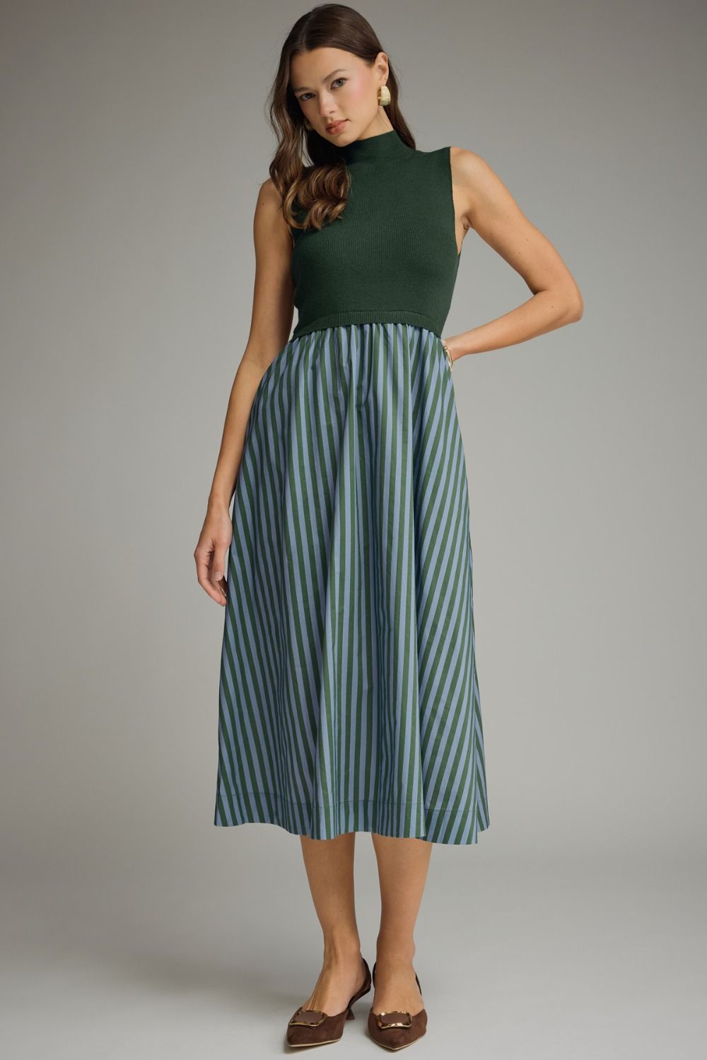 Mock Neck Stripe Bottom Midi Dress