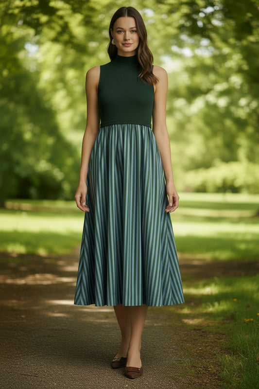 Woman wearing a green sleeveless top and striped skirt on a gray background