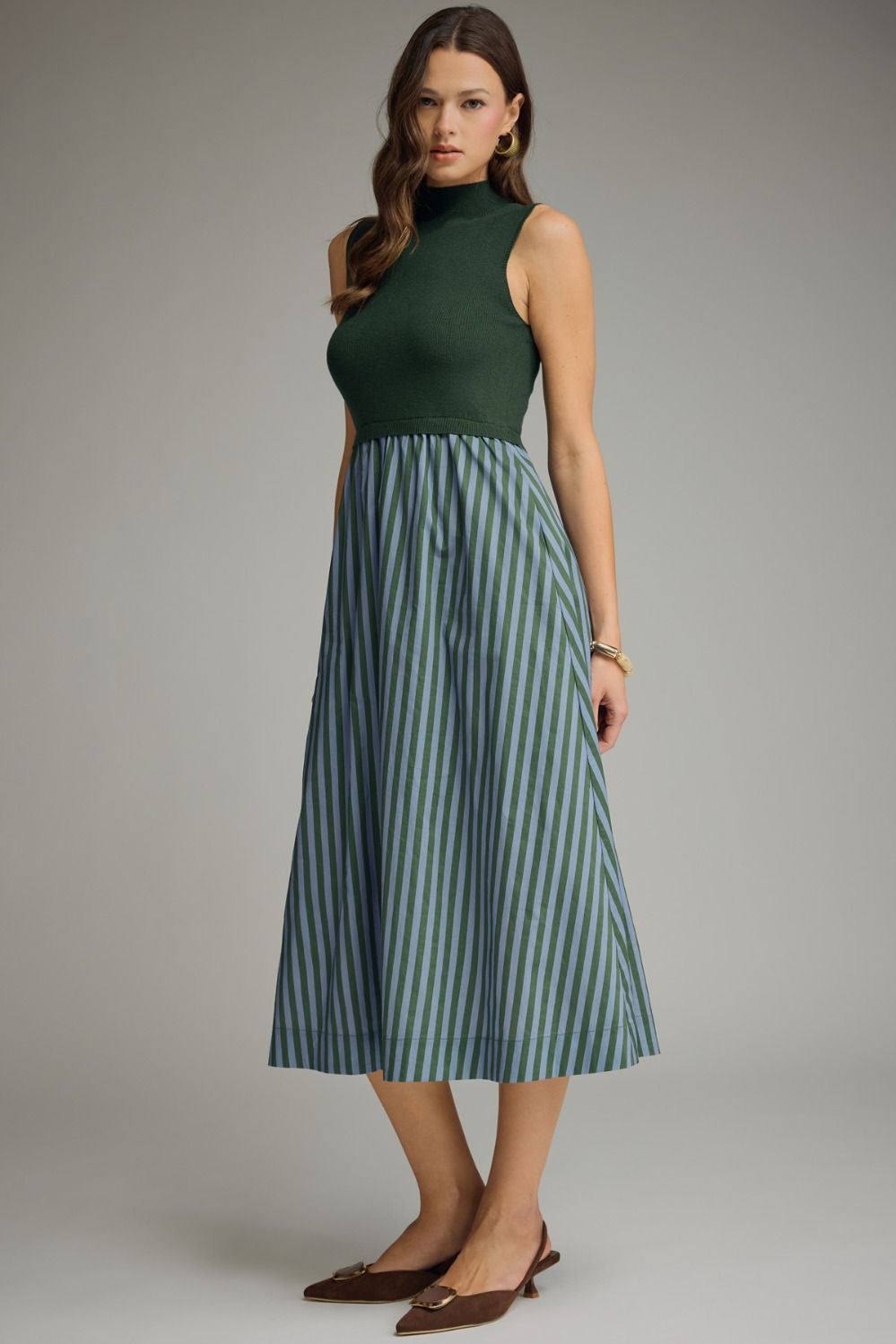 Mock Neck Stripe Bottom Midi Dress