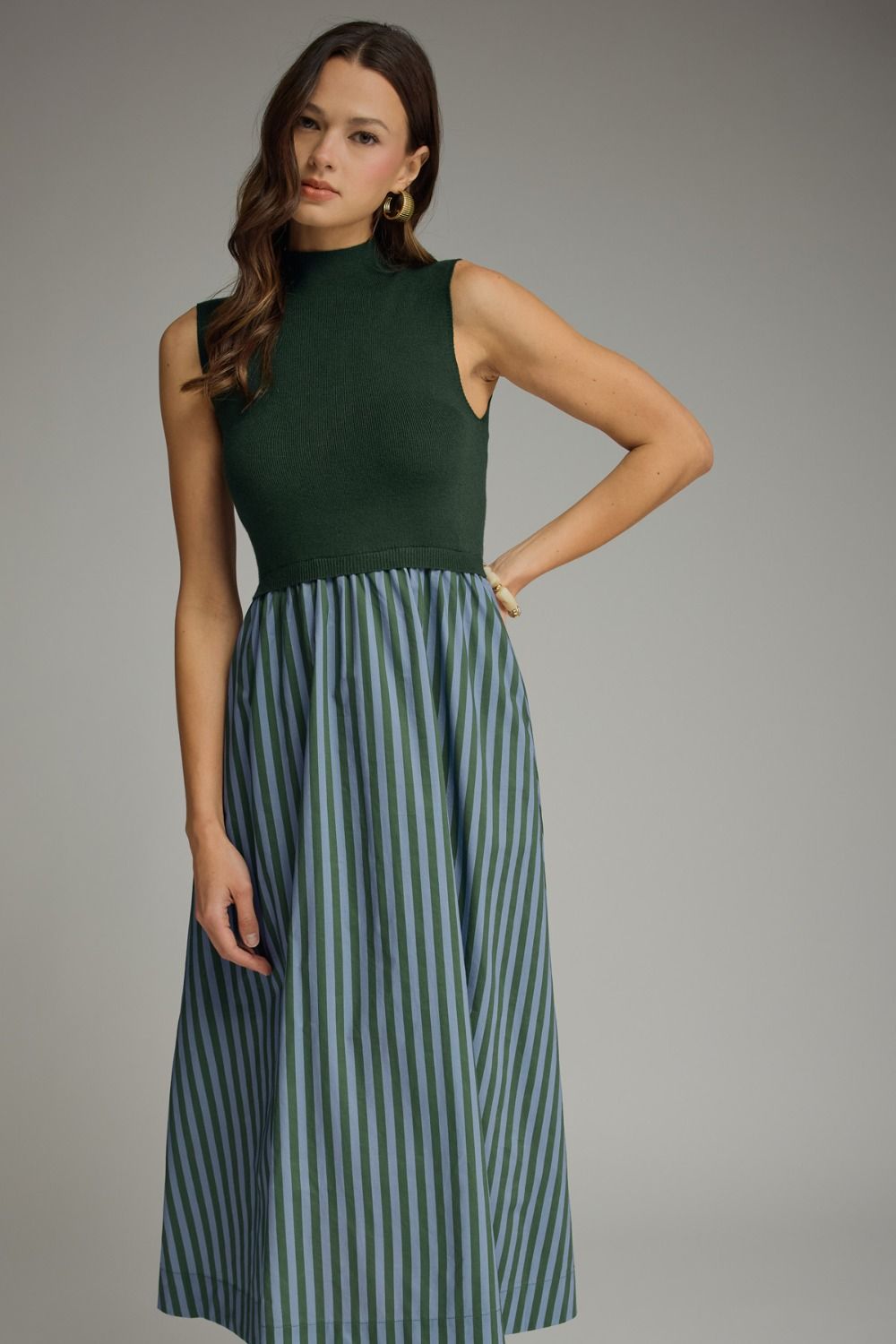 Mock Neck Stripe Bottom Midi Dress