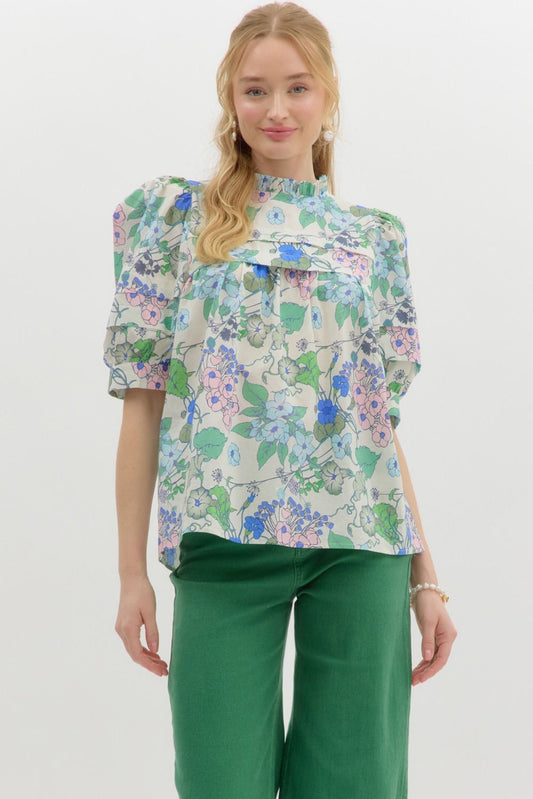 Floral Pastel Pleated Front Top