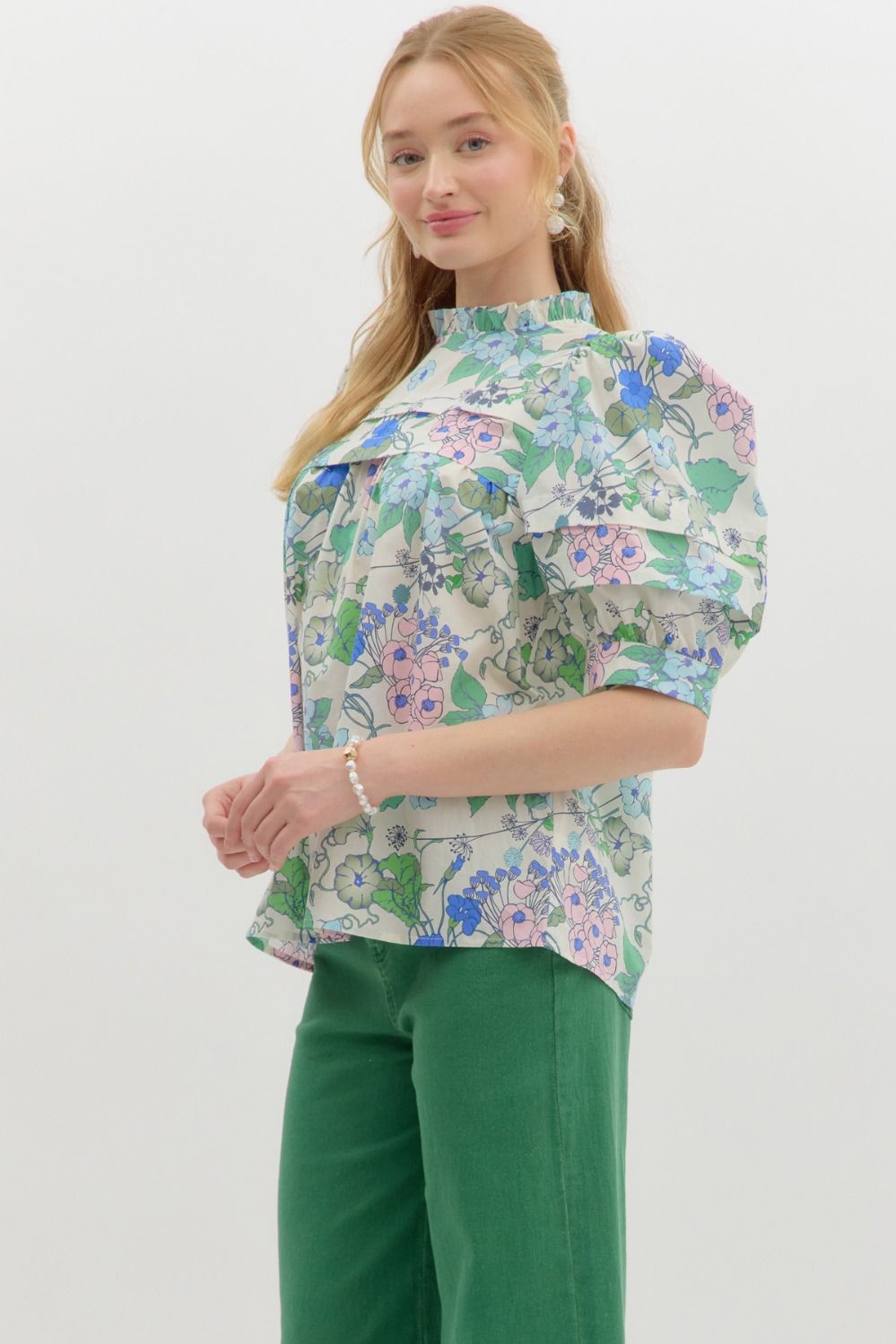 Floral Pastel Pleated Front Top