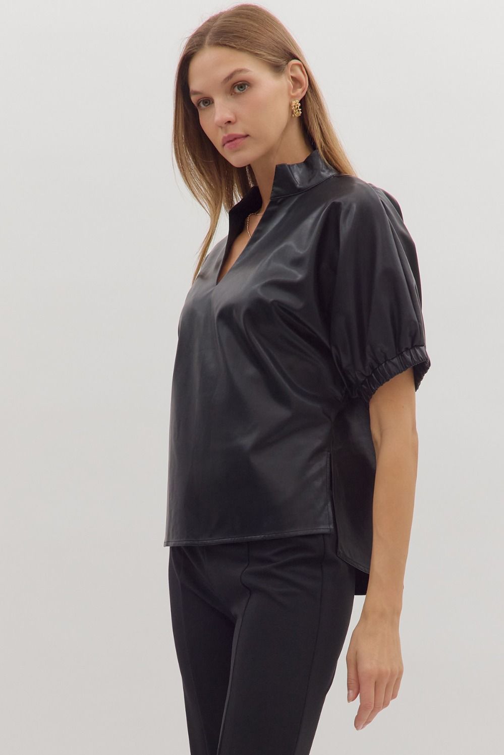 Faux Leather V-neck Top