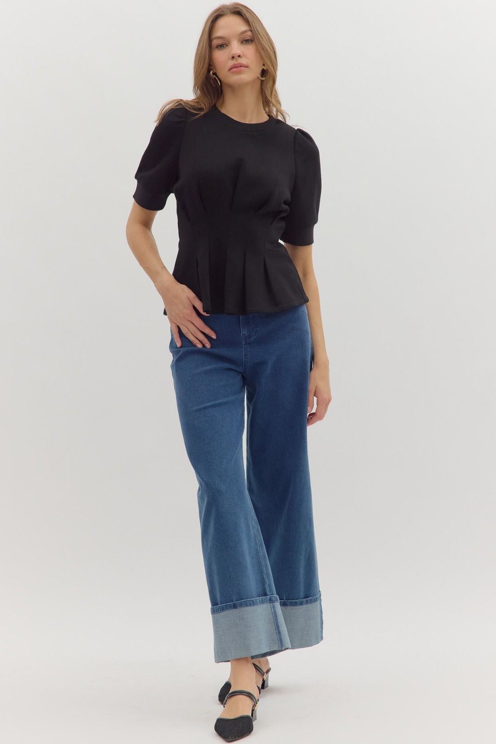 French Terry Pleated  Flared Hem Top