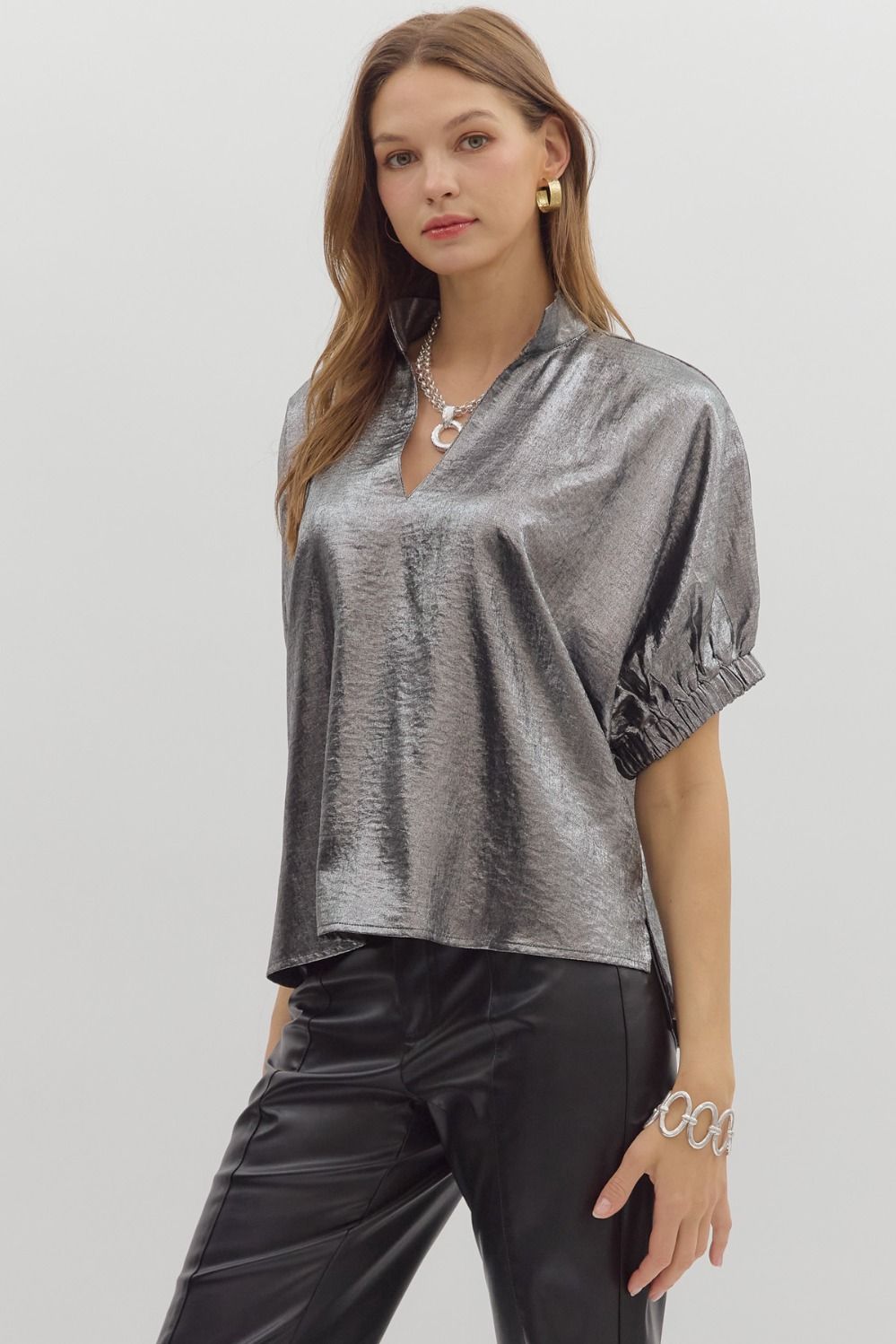 Metallic V-neck Dolman Top