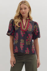 Floral Top with V Neck Accent