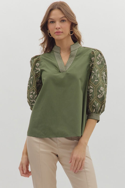 Kelly Embroidered Sleeve Top Olive