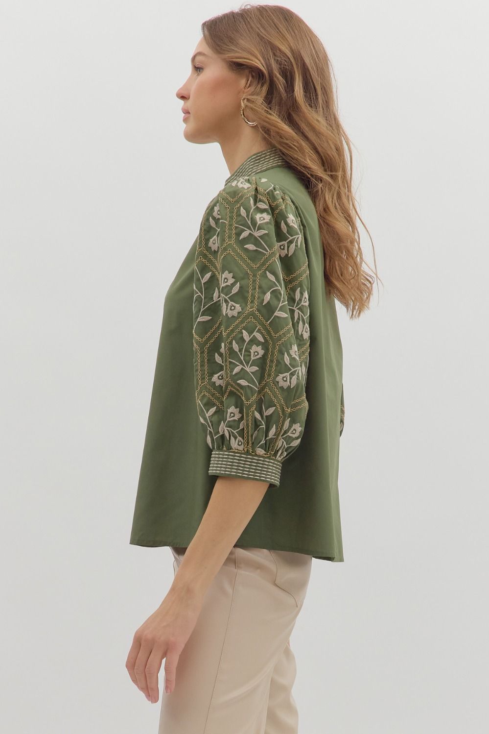 Kelly Embroidered Sleeve Top Olive