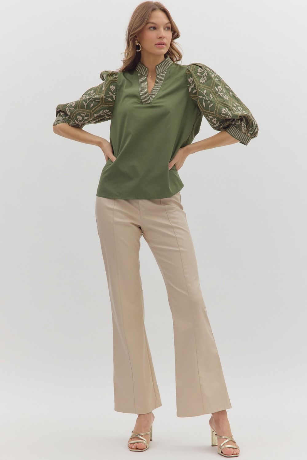 Kelly Embroidered Sleeve Top Olive