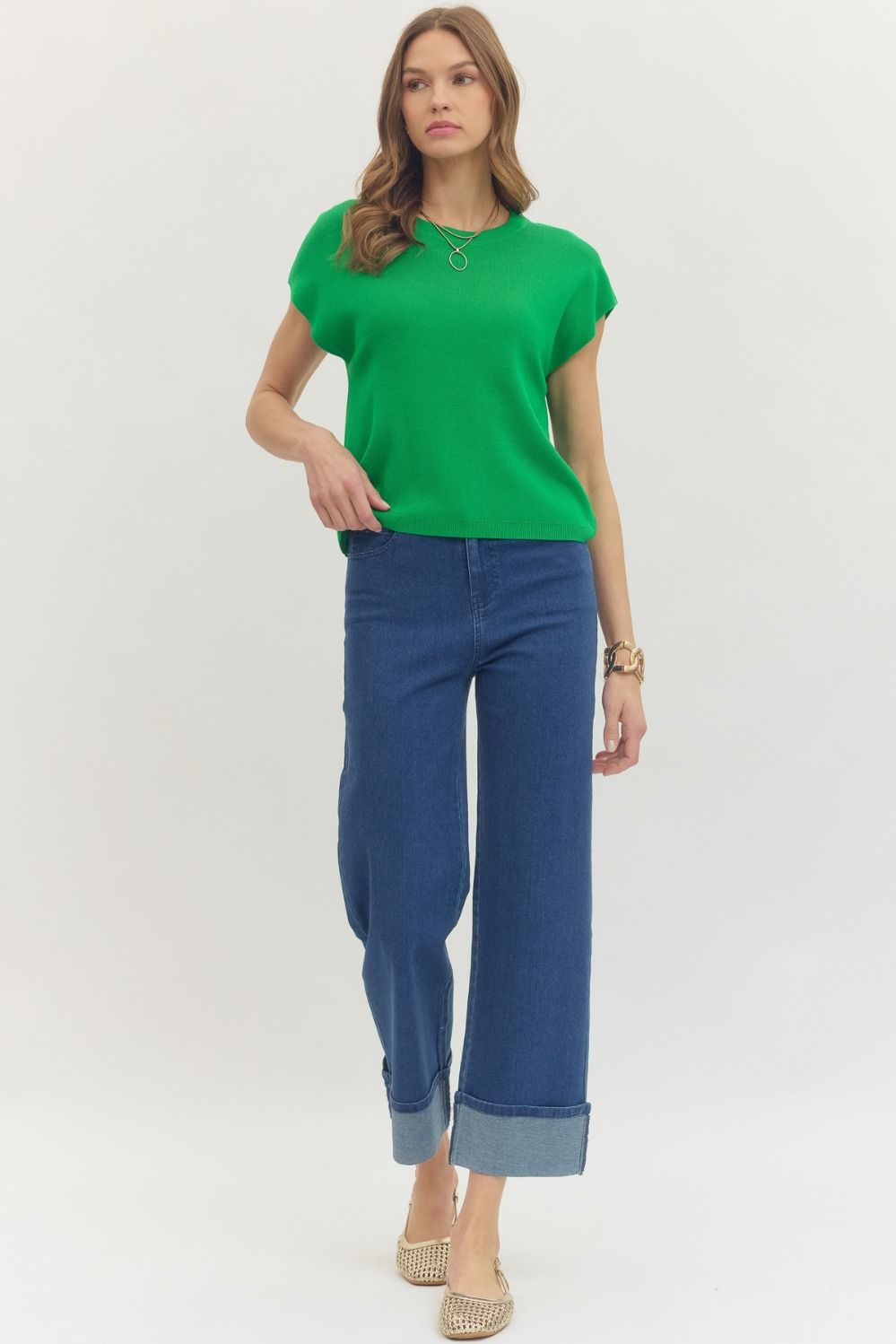 Cap Sleeve Knit Top Green