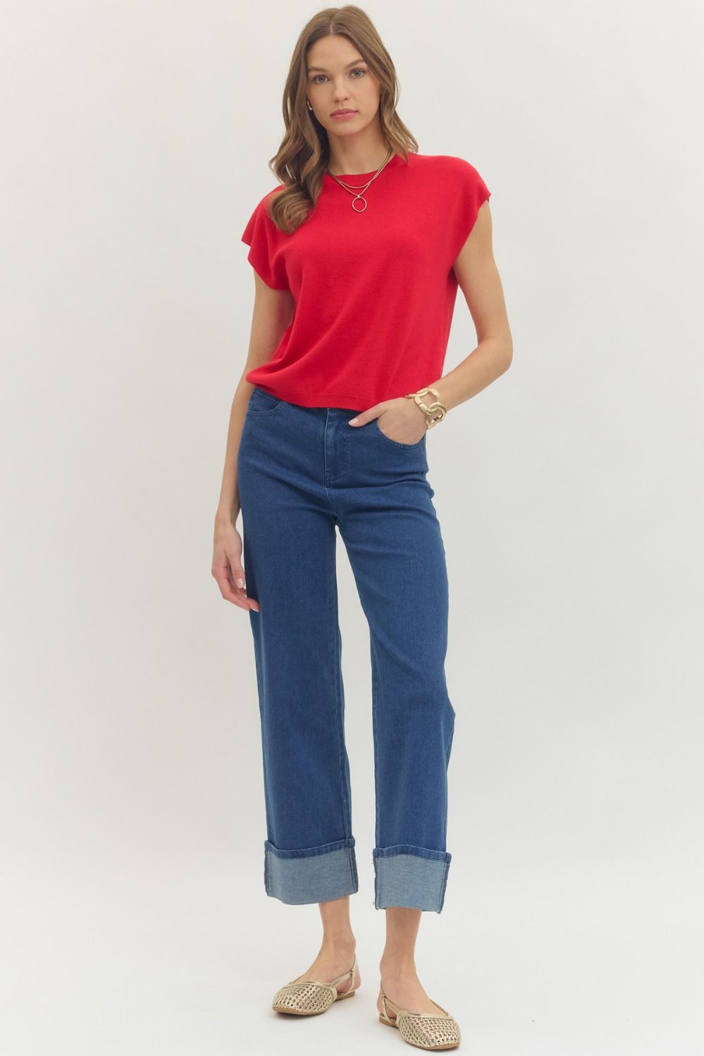Cap Sleeve Knit Top Red