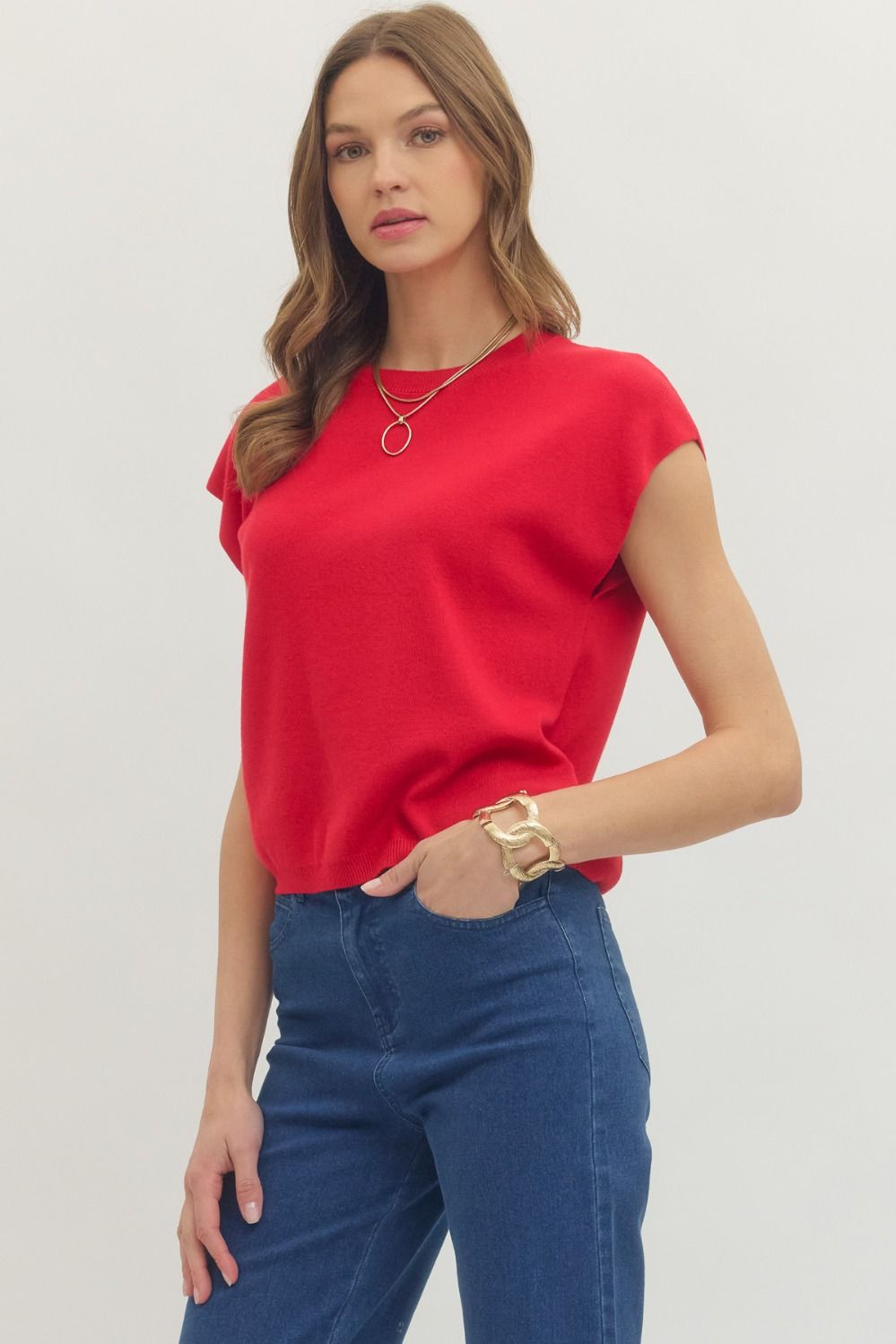 Cap Sleeve Knit Top Red