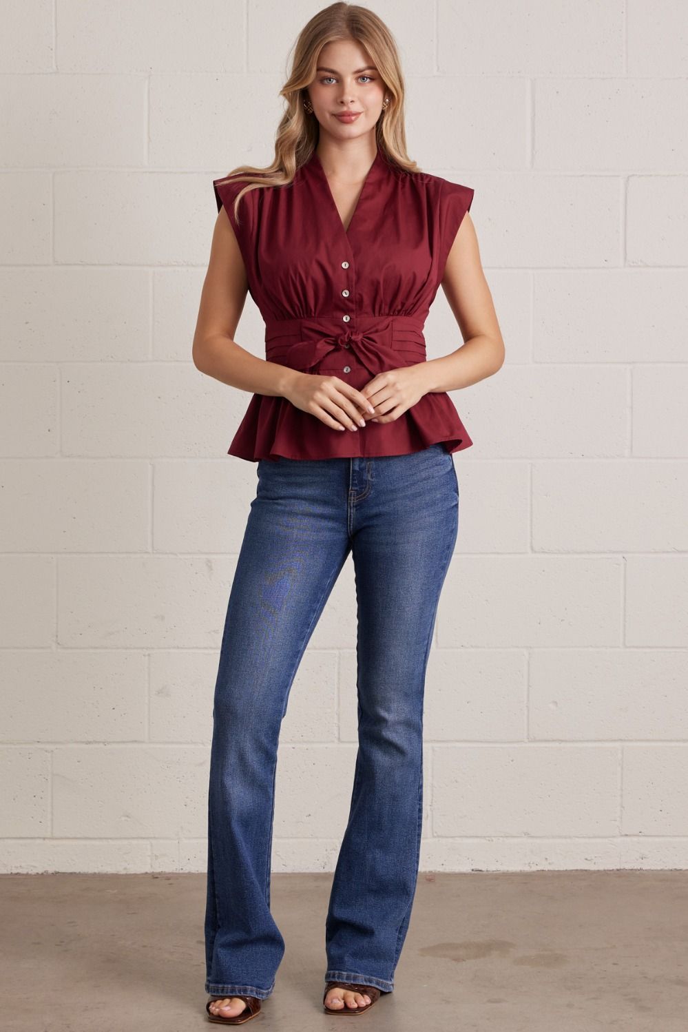 V-neck Self-tie Blouse