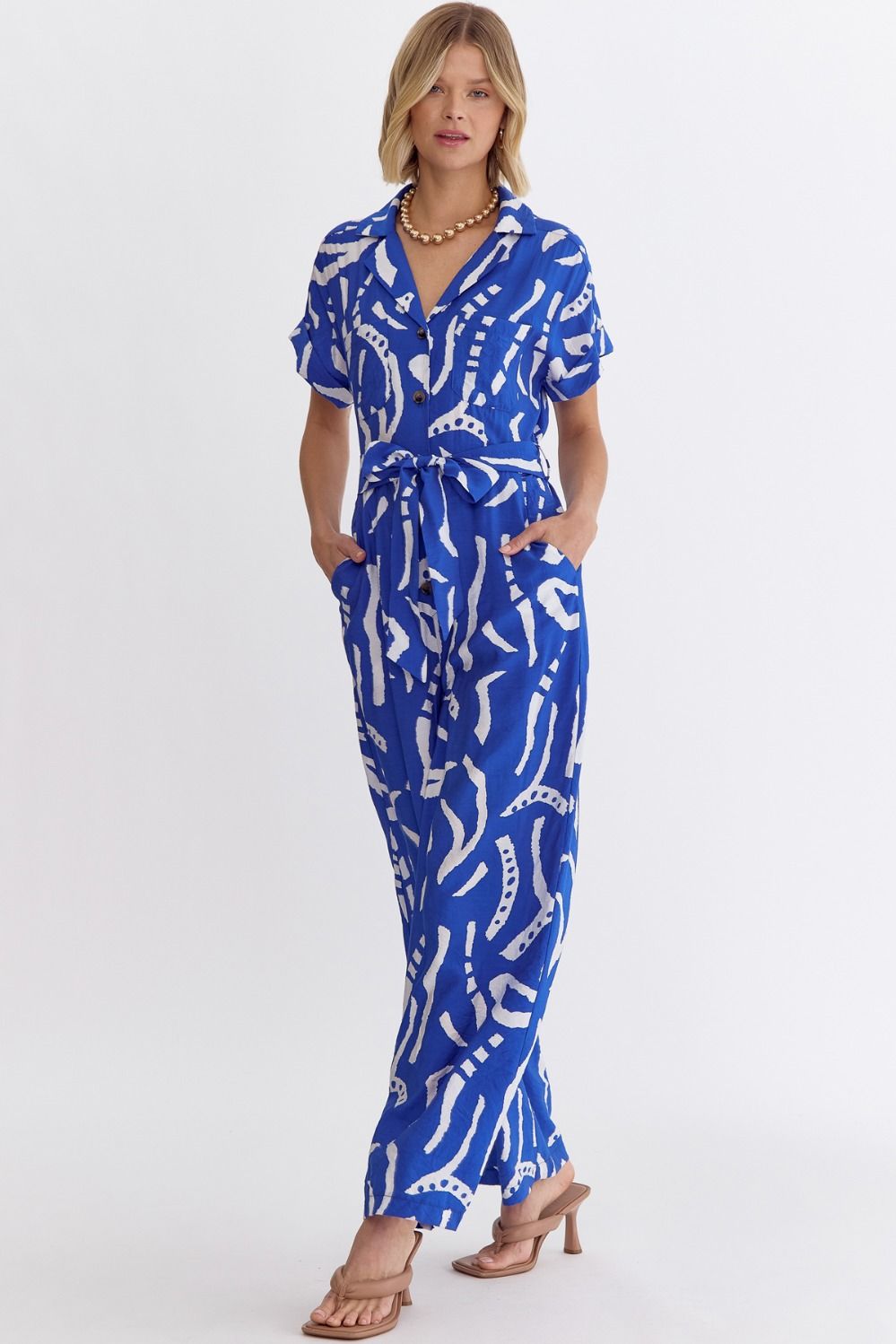 Printed V-neck Button Up Romper