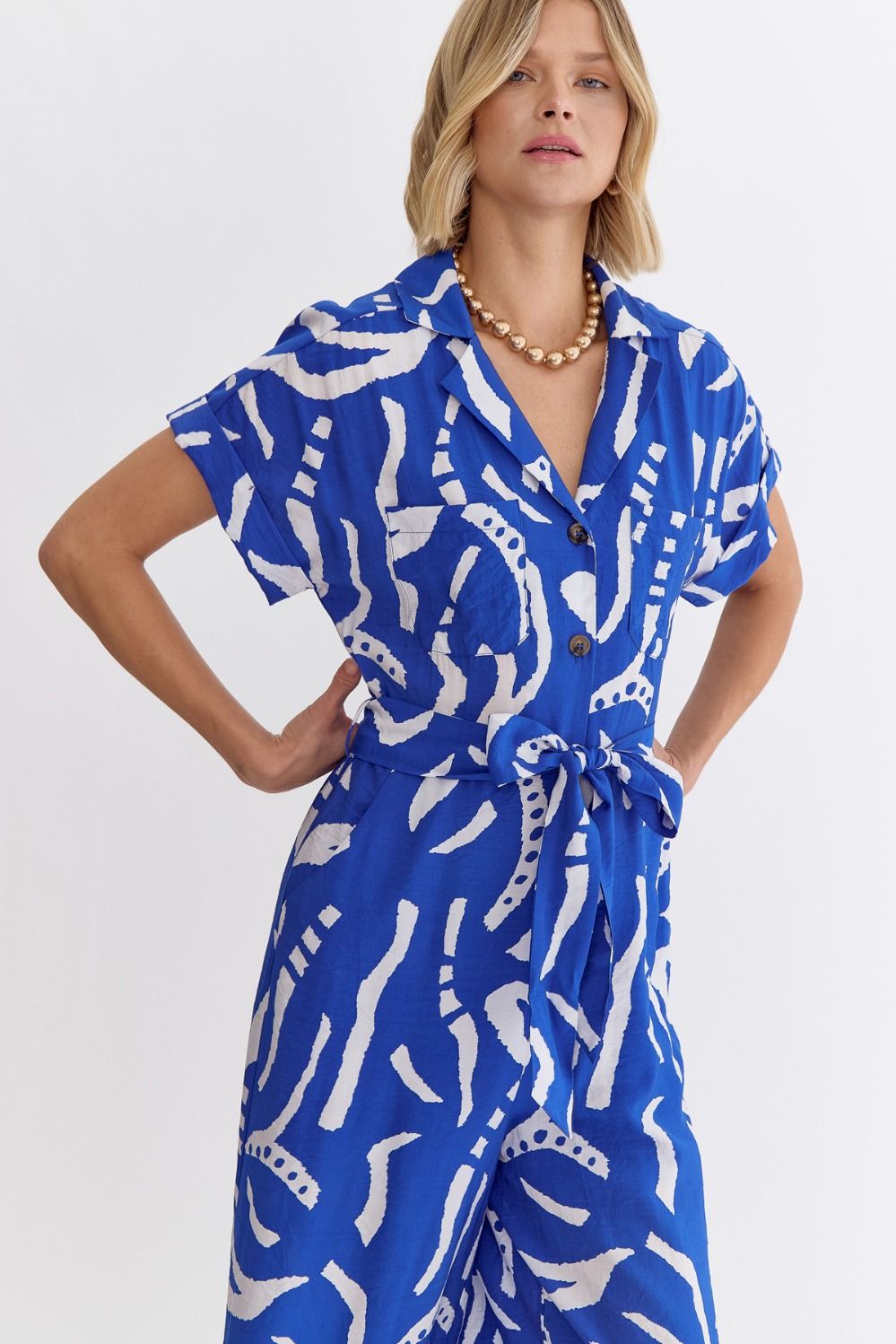Printed V-neck Button Up Romper