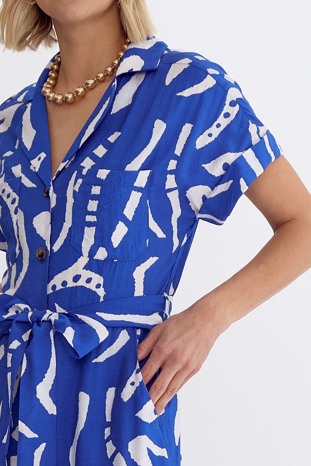 Printed V-neck Button Up Romper