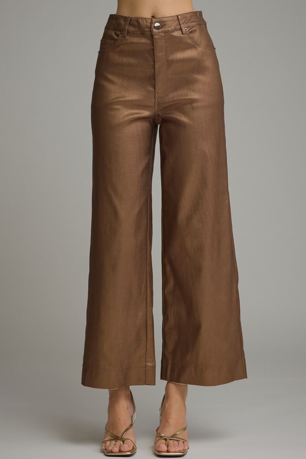 Metallic Brown Coated Wide Leg Pants