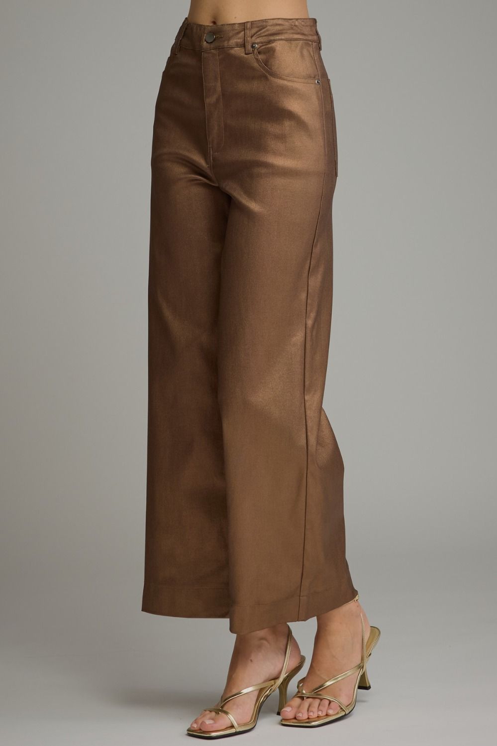 Metallic Brown Coated Wide Leg Pants