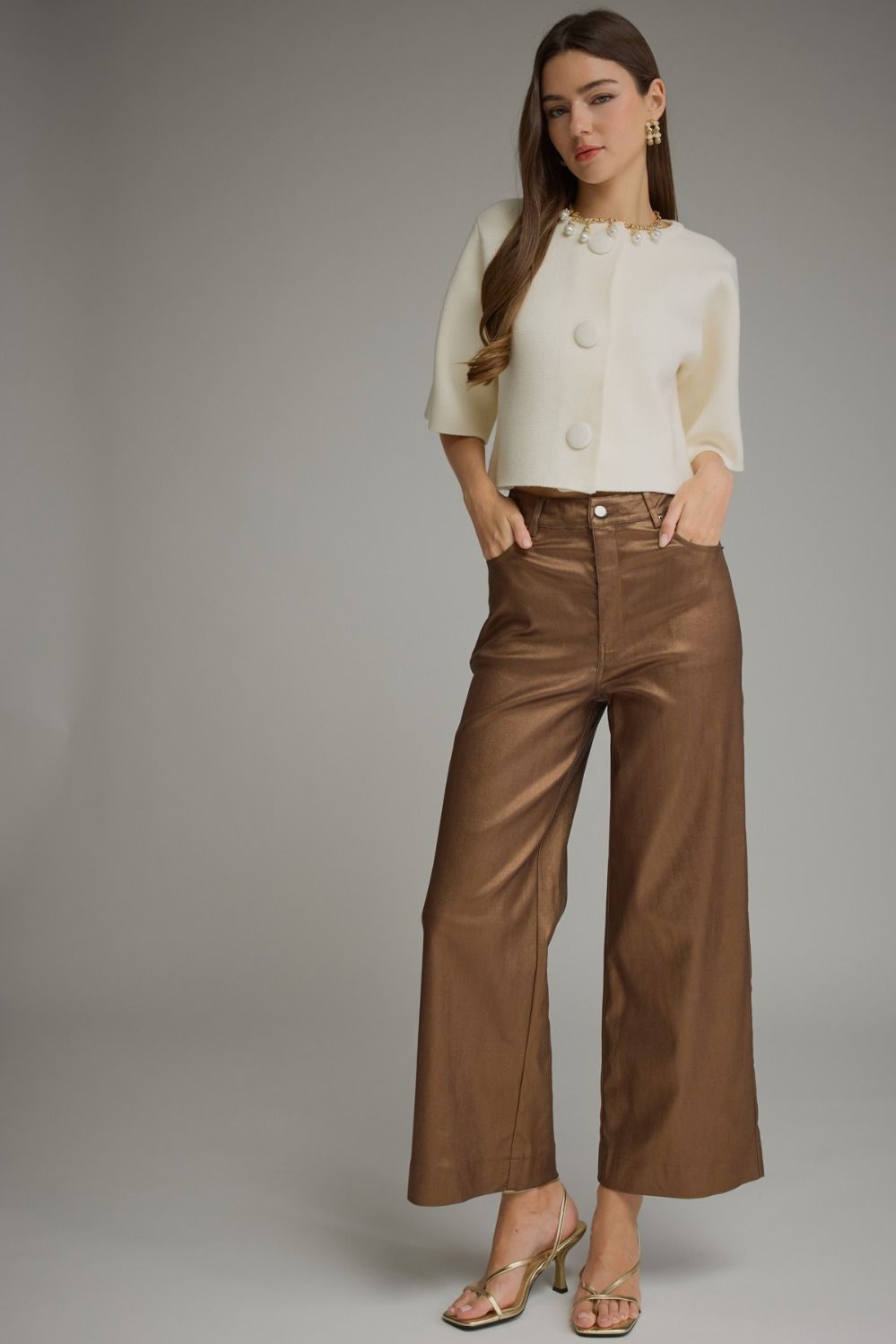Metallic Brown Coated Wide Leg Pants