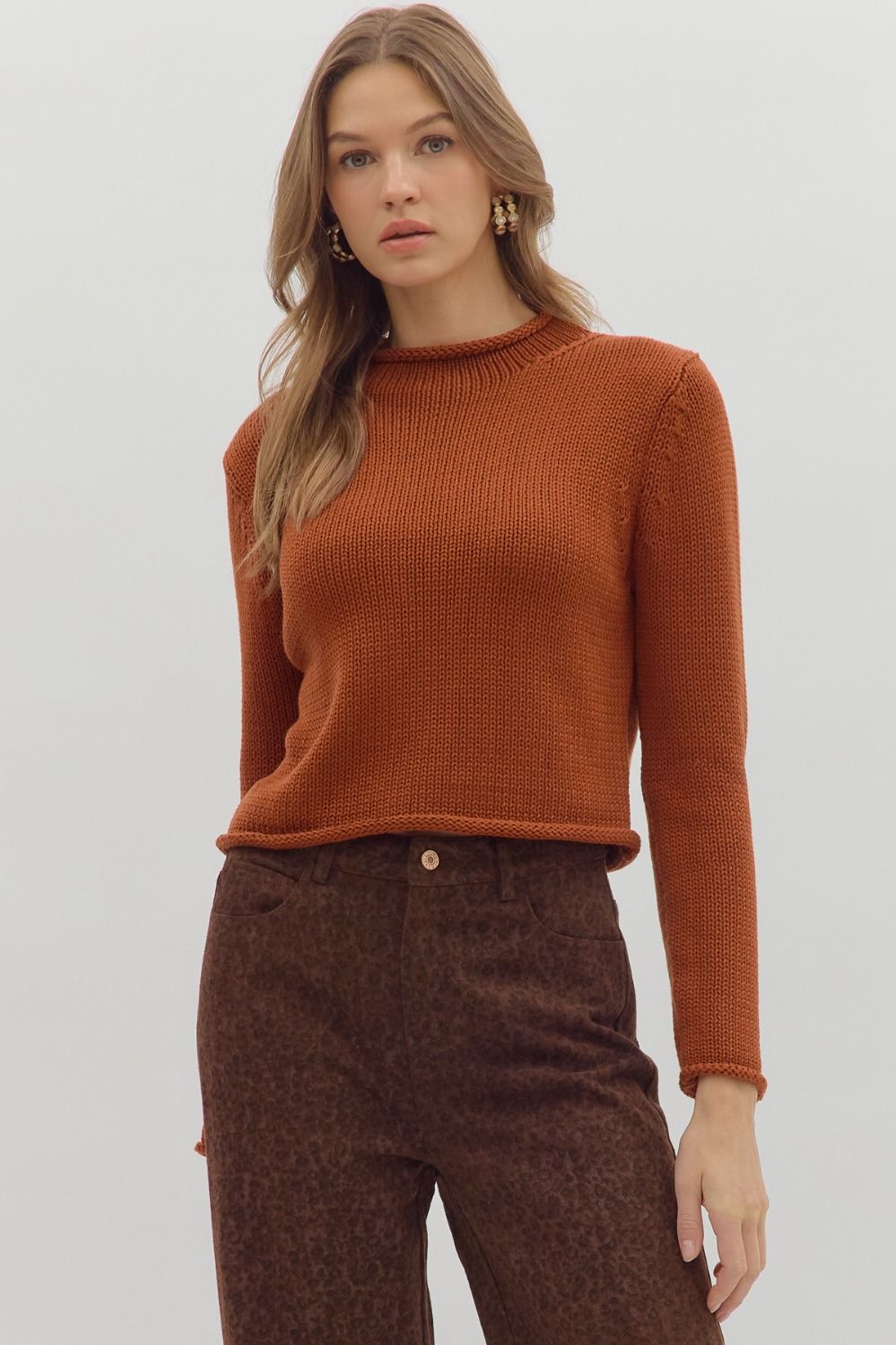 Rust Rolled Edge Round Neckline Sweater