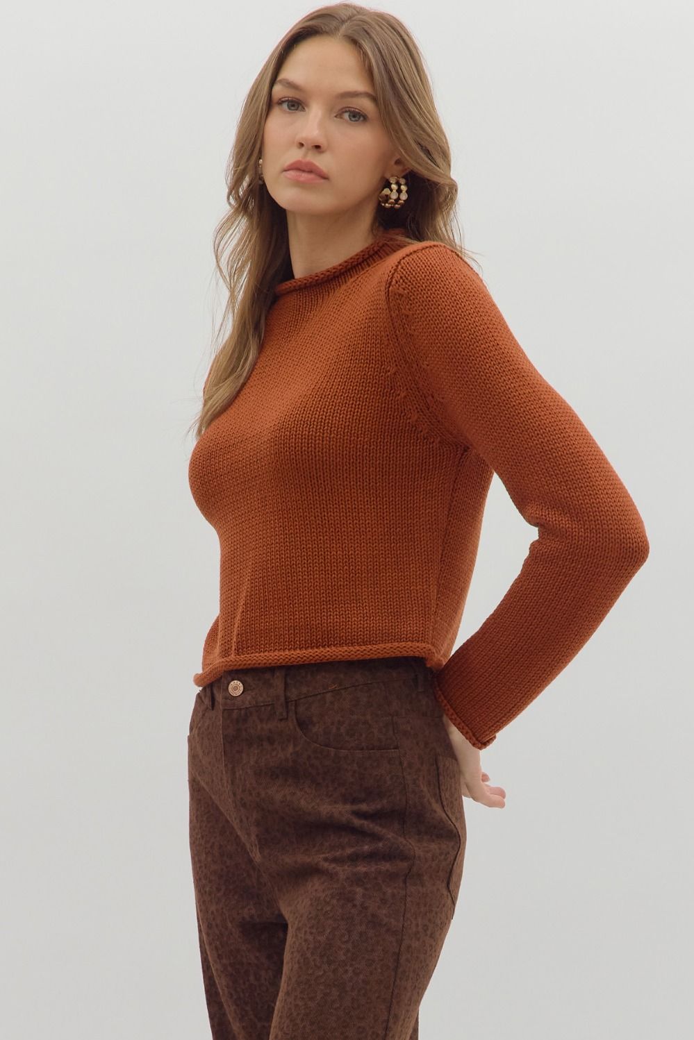 Rust Rolled Edge Round Neckline Sweater