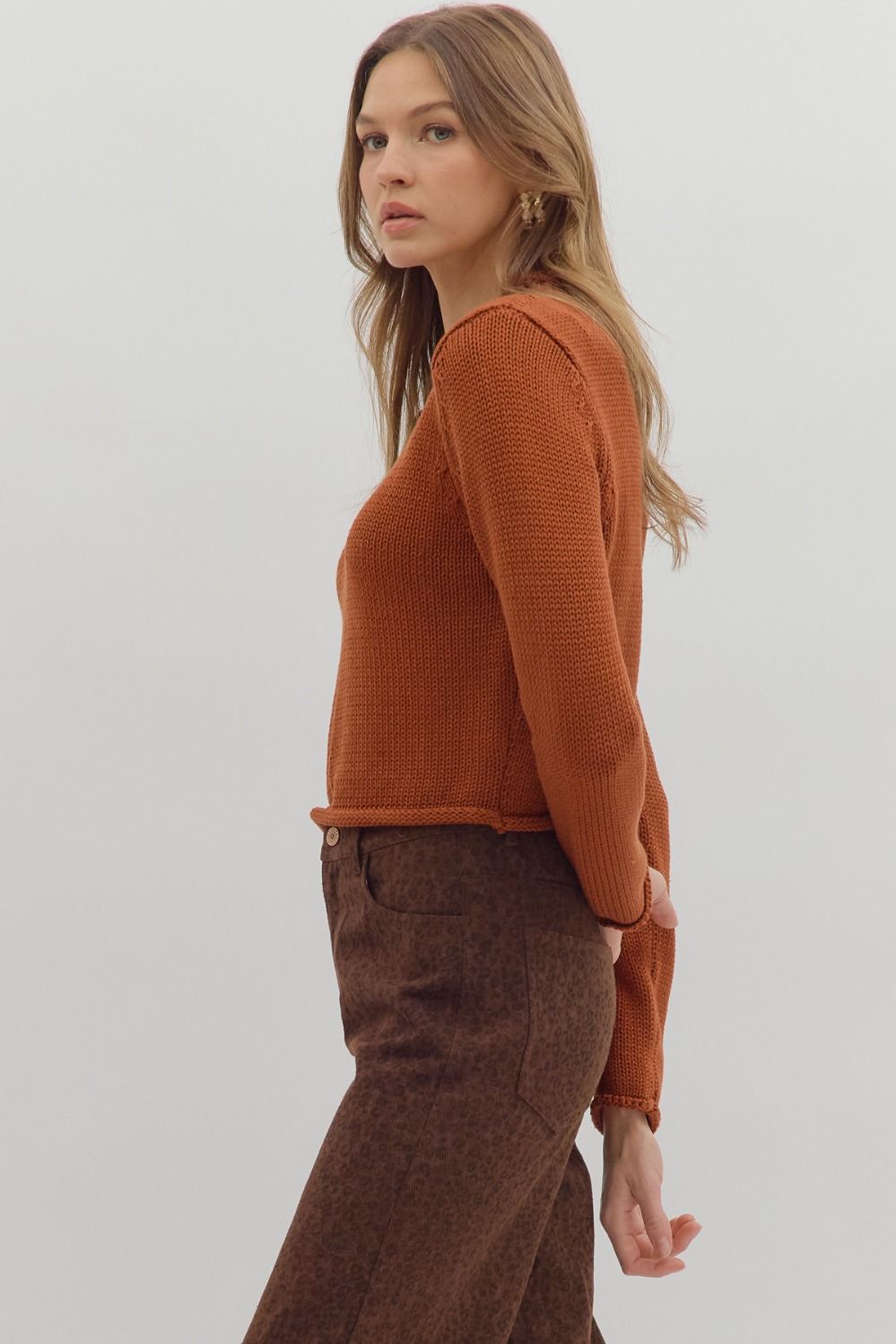 Rust Rolled Edge Round Neckline Sweater
