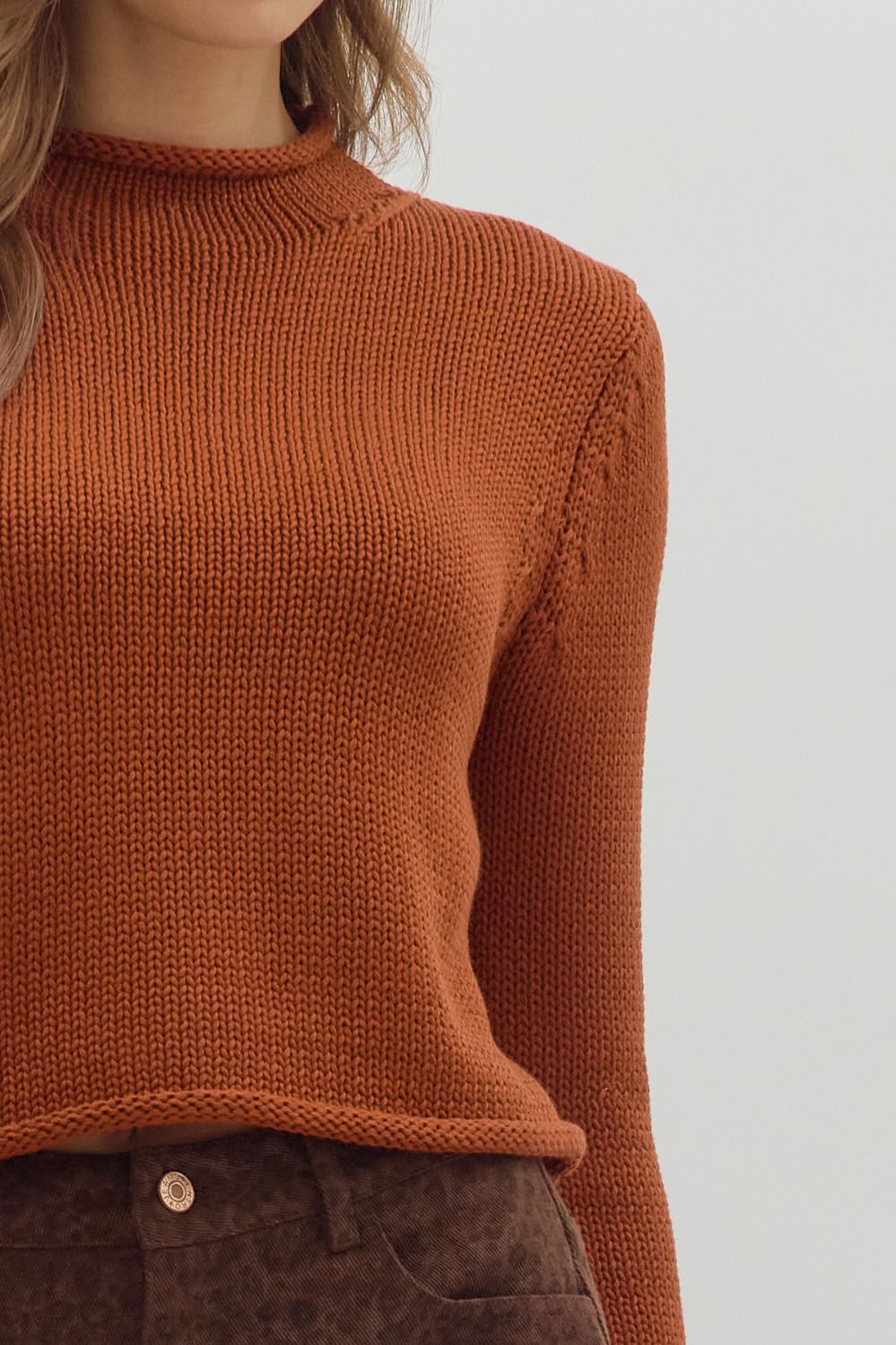 Rust Rolled Edge Round Neckline Sweater