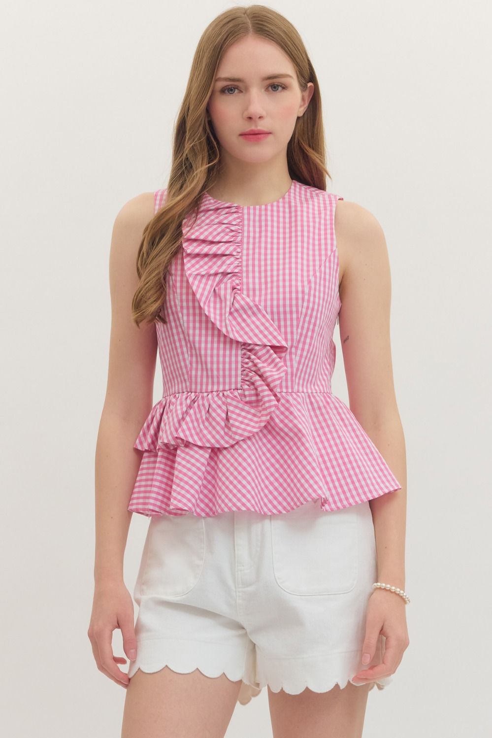 Pink Gingham Peplum Tank Top