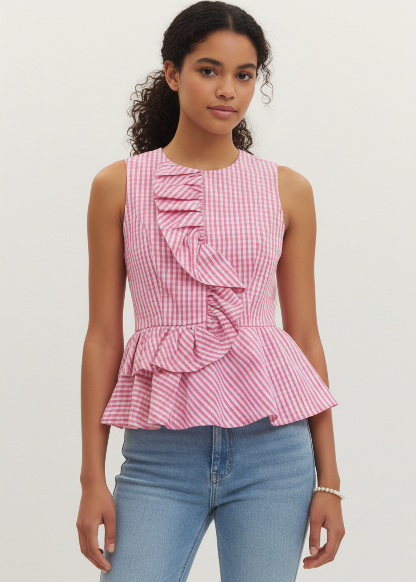 Pink Gingham Peplum Tank Top